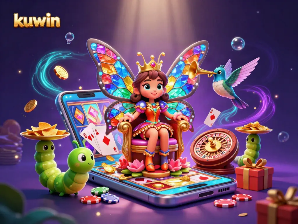 Kuwin captures thrilling moments with vibrant 3D casino scenes featuring colorful slot games and majestic butterfly characters.
