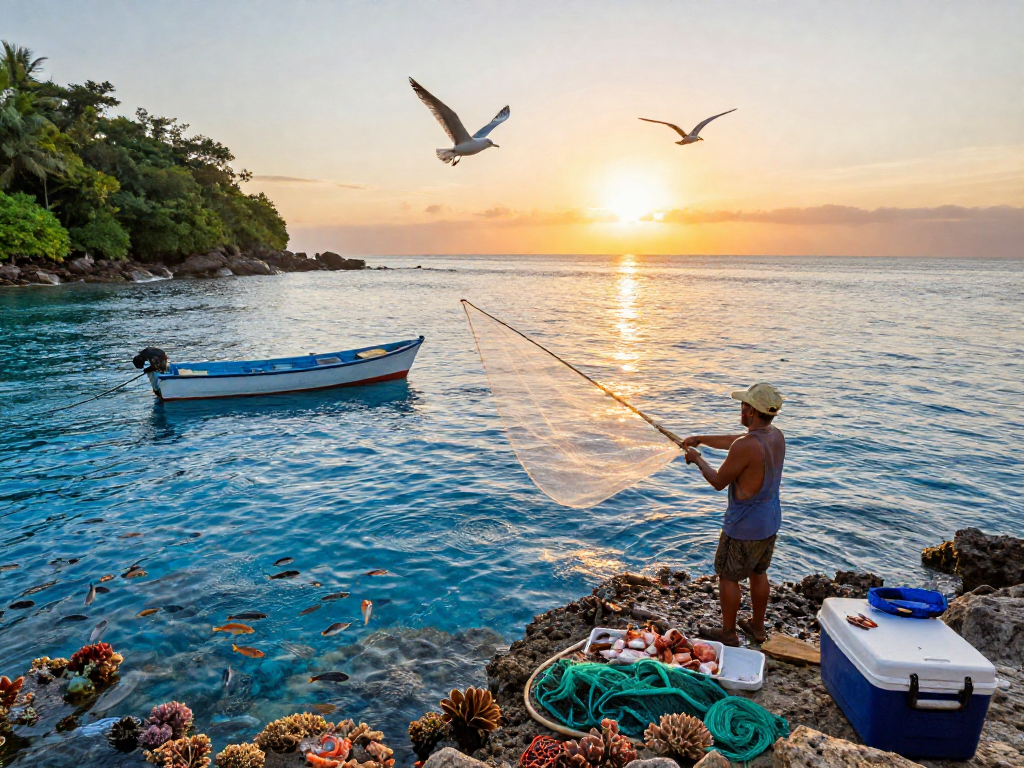 Fisherman casting a net in pristine waters while showcasing the beauty of kelincilaut and marine life
