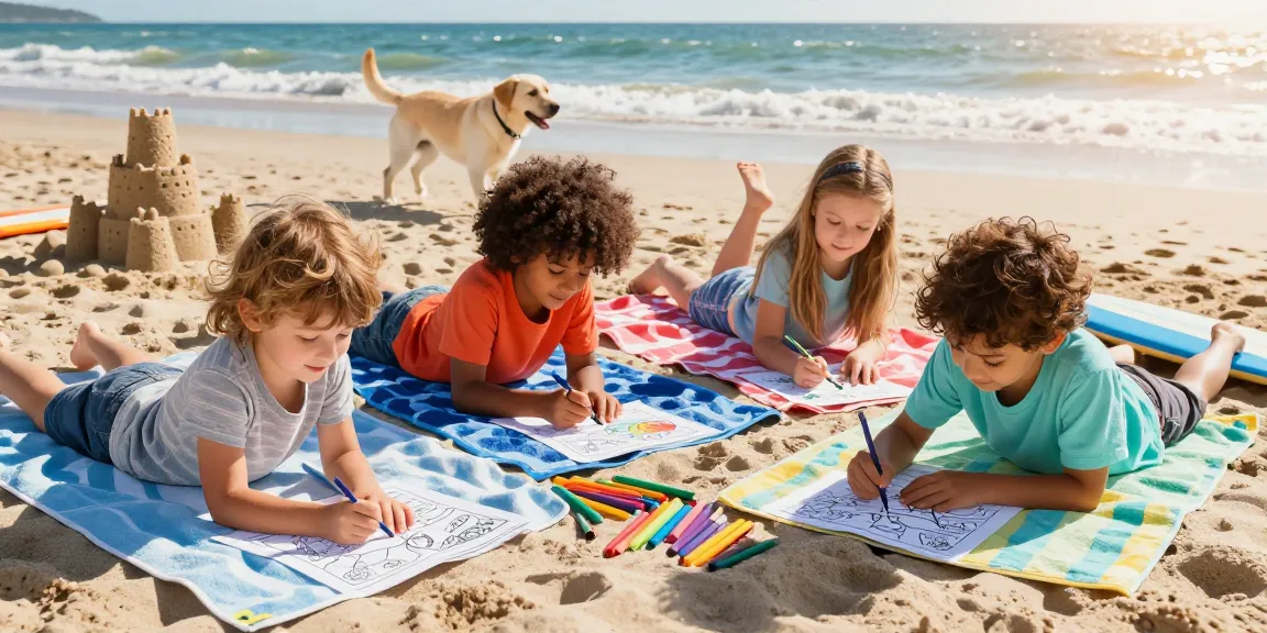 Children enjoying superhero coloring pages on a sunny beach with creative supplies.