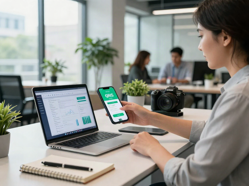 Business professional showcasing slot qris digital payment technology in a modern office environment.