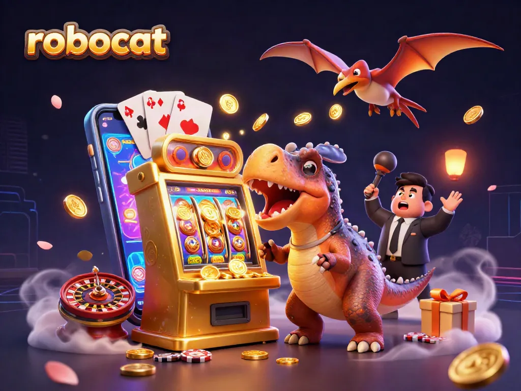 Robocat features a pachycephalosaurus winning jackpots at a casino while golden coins fly around.
