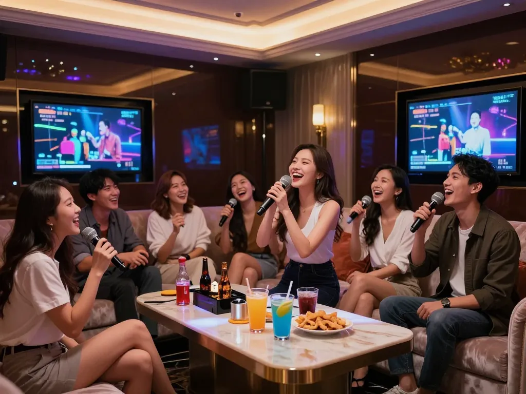 럭셔리 분위기로 가득한 장소에서 친구들과 함께 www.gangnamtune.com/perfect karaoke에서 활기찬 밤을 즐기는 모습.