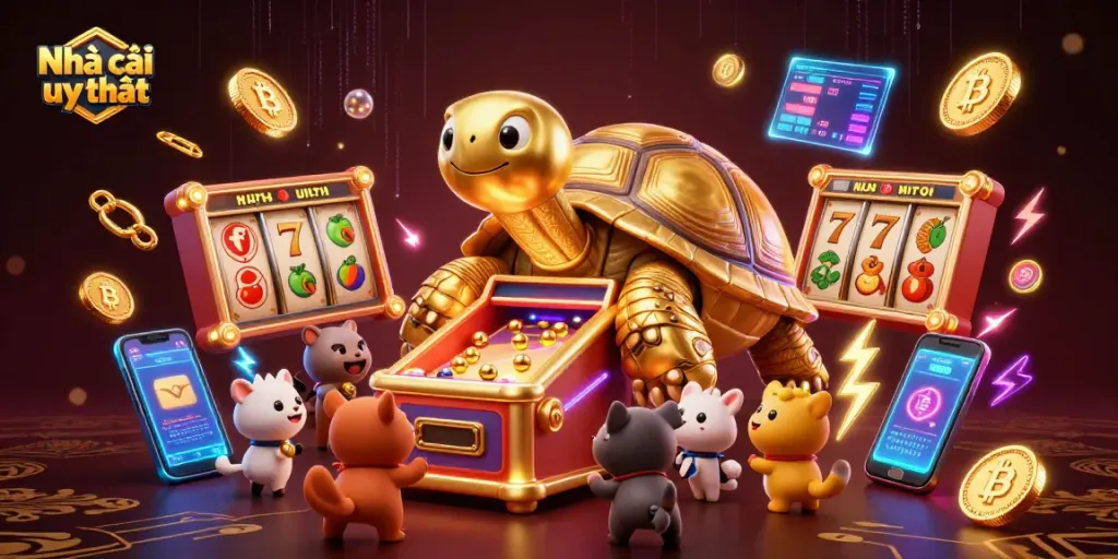 Engage with the vibrant 3D scene showcasing Nhà cái uy tín, featuring a colossal golden tortoise pinball and animated casino fun.