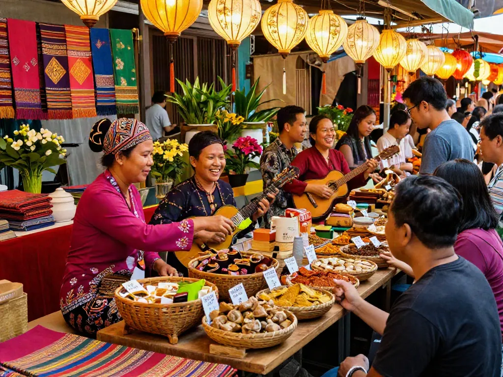 Nyonya4D cultural market scene with vibrant culinary traditions and crafts.