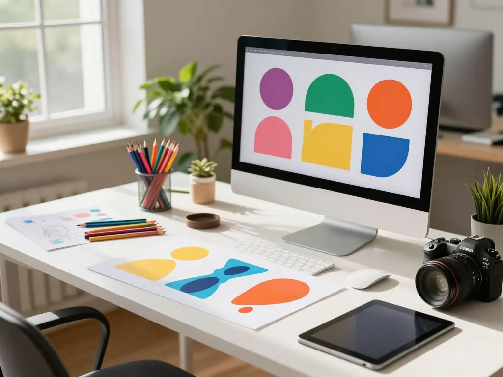 Designer customizing acrylic stand in a bright studio with vibrant colors.