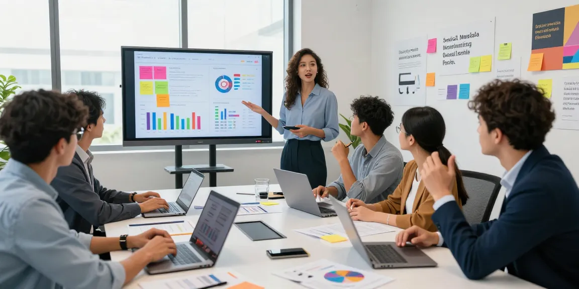 Engaged team in a social media marketing consultation service in KL, discussing analytics and strategies in a vibrant office.