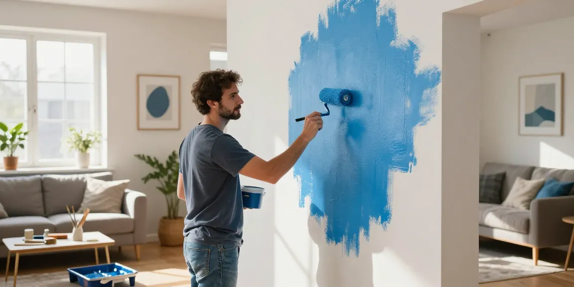 Interior painters Franklin County OH expertly painting a vibrant blue wall in a cozy living room.