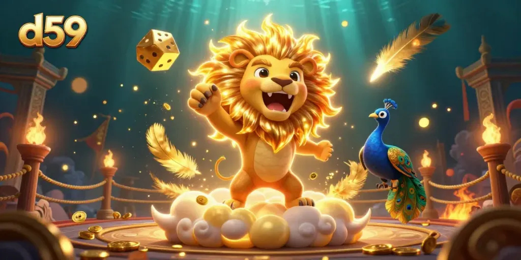 Experience thrilling gameplay at d59 with vibrant slots, golden coins, and animated characters in a dynamic casino scene.
