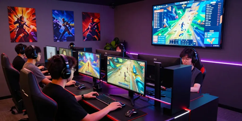 Players immersed in online gaming at luxury333 gaming stations with vibrant LED lighting and advanced technology.