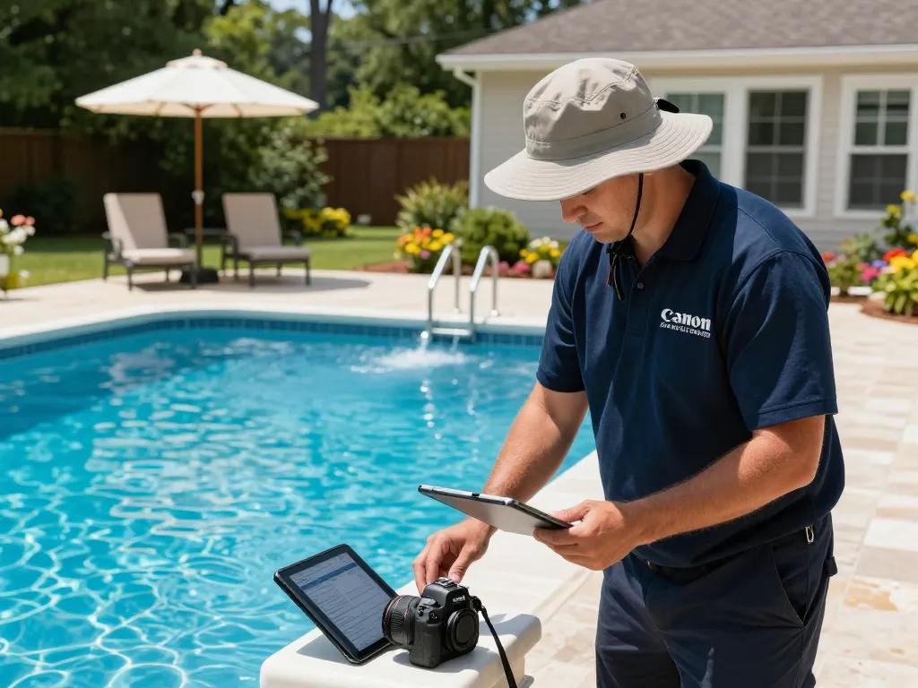 Dolphin Pool Services technician maintaining a residential pool in Virginia, showcasing quality care and expertise.