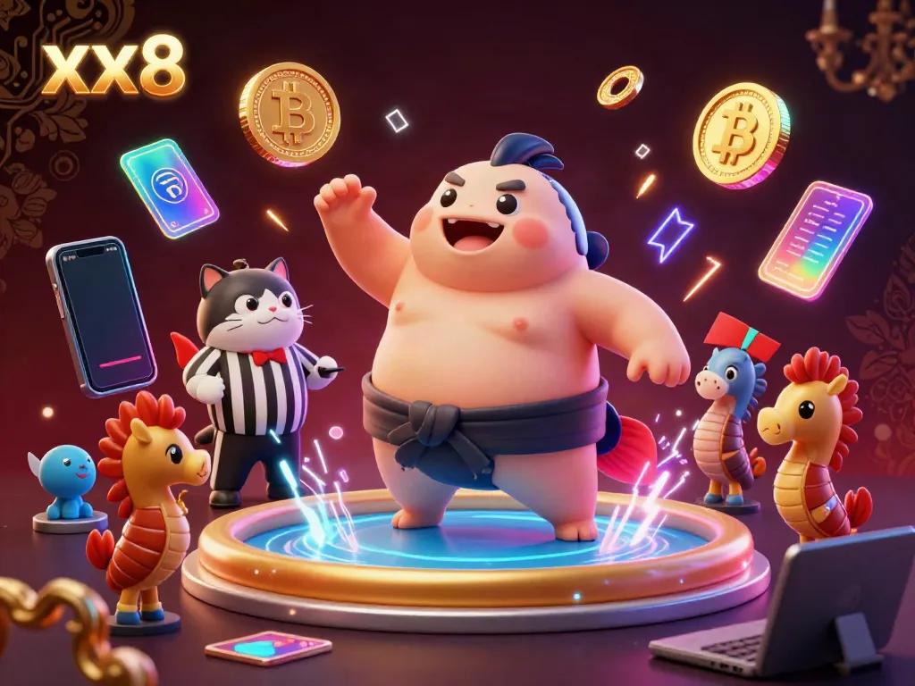 Experience thrilling gameplay with xx8 in a vibrant casino scene featuring a fugu, catfish referee, and seahorses.