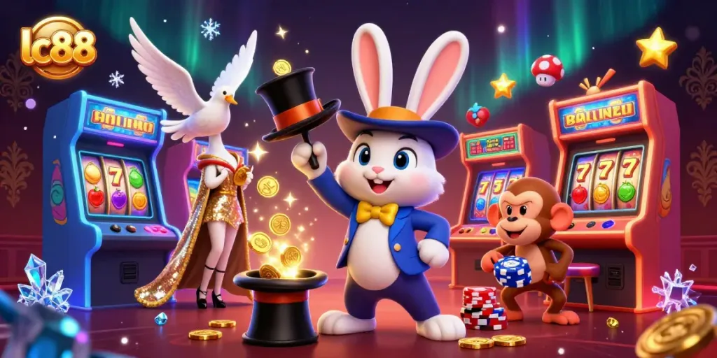 Engage with lc88's thrilling casino experience featuring a magician and gaming elements.