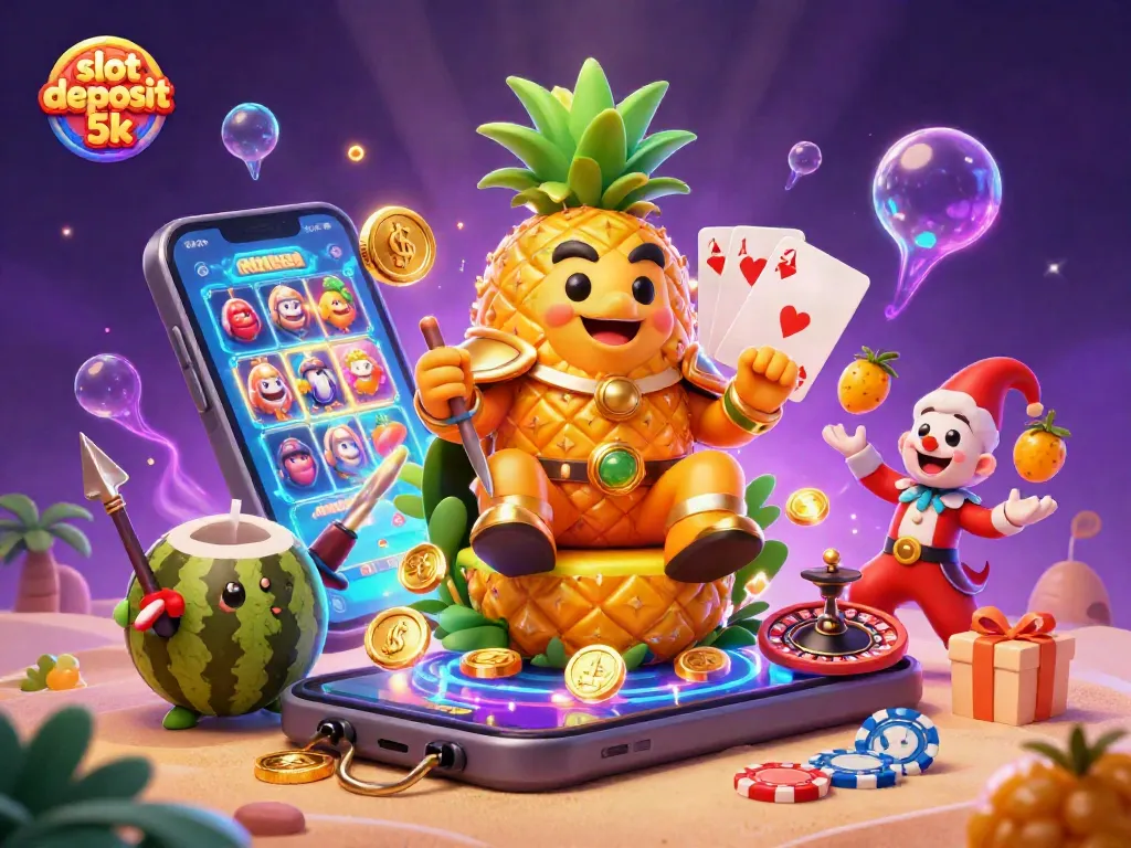Explore the vibrant slot deposit 5k scene with golden pineapple king amidst dazzling casino elements.