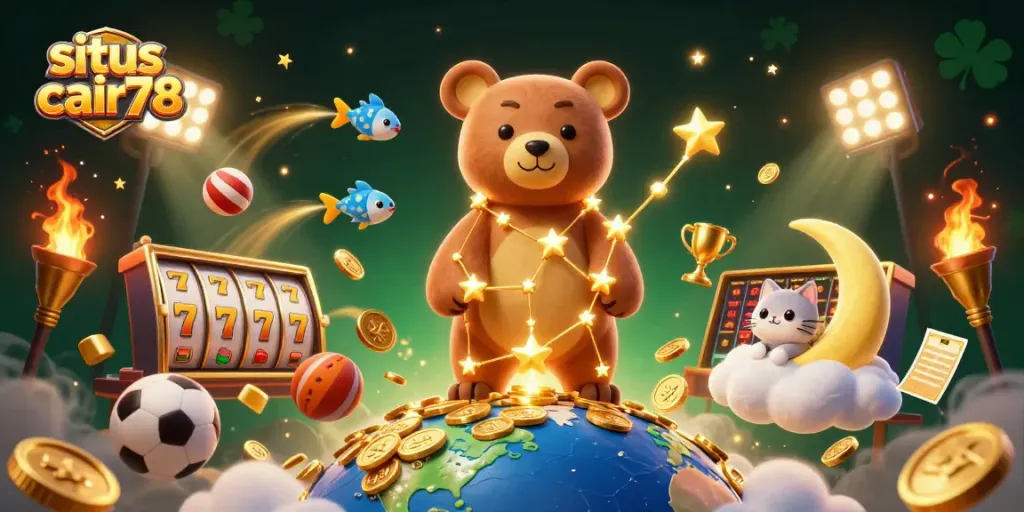 Permainan taruhan menarik di situs cair78 dengan karakter 3D berbentuk bintang dan elemen kasino