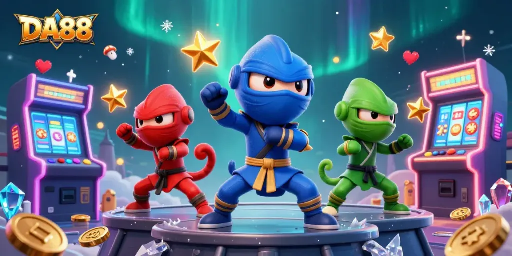 Experience thrilling gameplay at DA88 with a vibrant 3D chameleon team showcasing casino excitement.