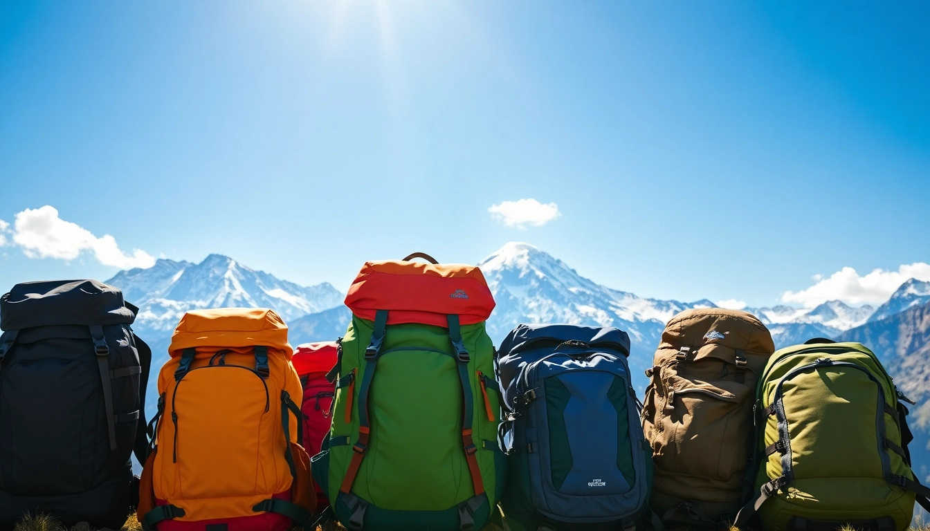 Showcasing durable backpacks for alpine trekking against a stunning mountain backdrop, emphasizing adventure and quality.