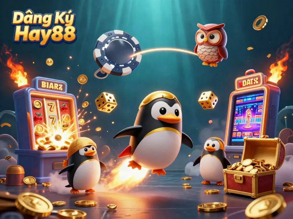 Join the excitement at Đăng Ký Hay88 with 3D visuals of golden penguins and slot machines in a casino scene.