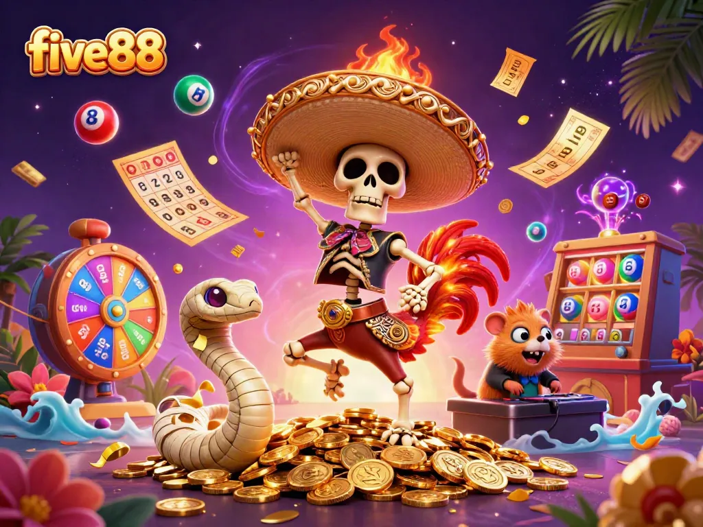 Engage in excitement with five88: a mariachi rooster, mummy snake, and DJ hamster celebrating fantasy casino wins.
