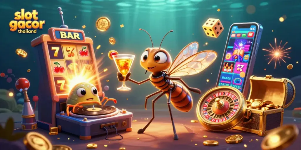 Experience slot gacor thailand with a lively 3D illustration showcasing dynamic casino elements and vivid characters.
