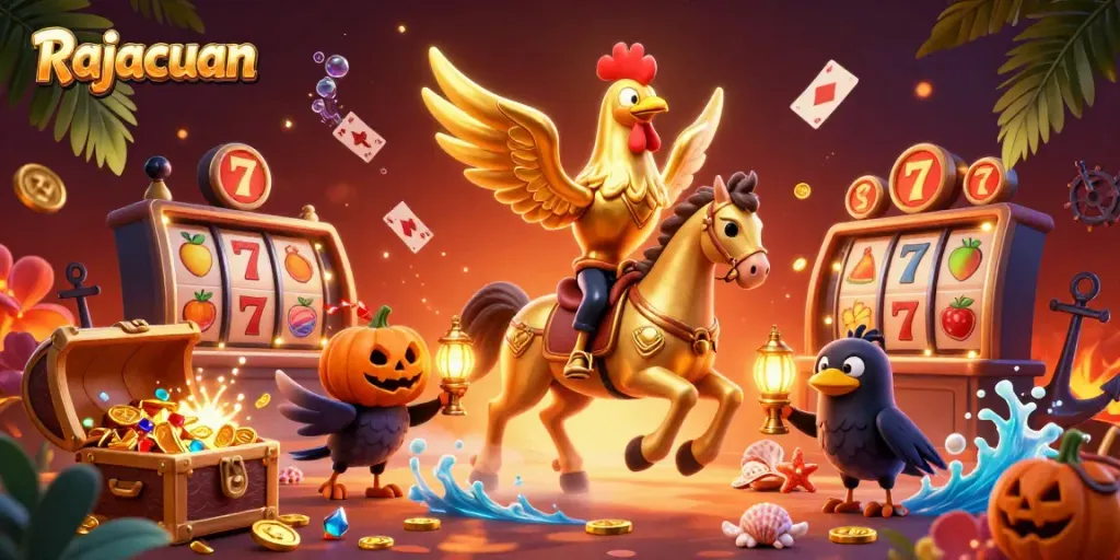 Experience jackpots with Rajacuan while enjoying an immersive casino scene filled with vibrant slot elements and dynamic characters.