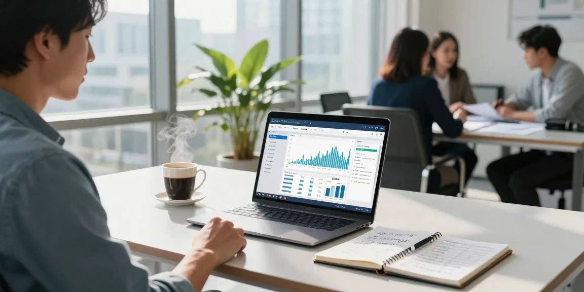 Entrepreneur using a business valuation calculator in a modern corporate finance office with city views.