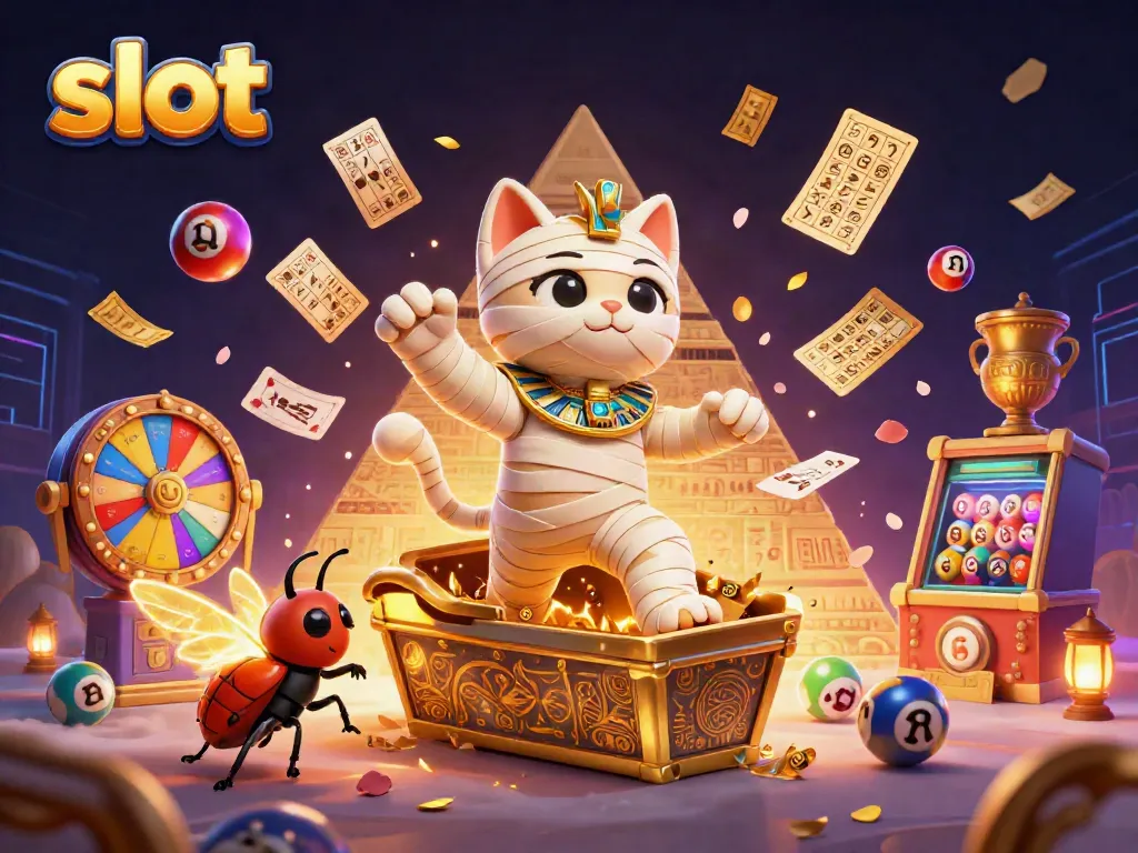 Experience the thrill of slot games in a vibrant casino scene featuring an Egyptian cat and golden elements.