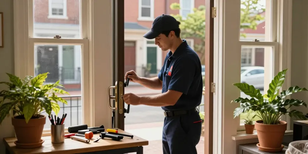 Locksmith in Philadelphia expertly fixing a residential door lock, showcasing professionalism and trust.