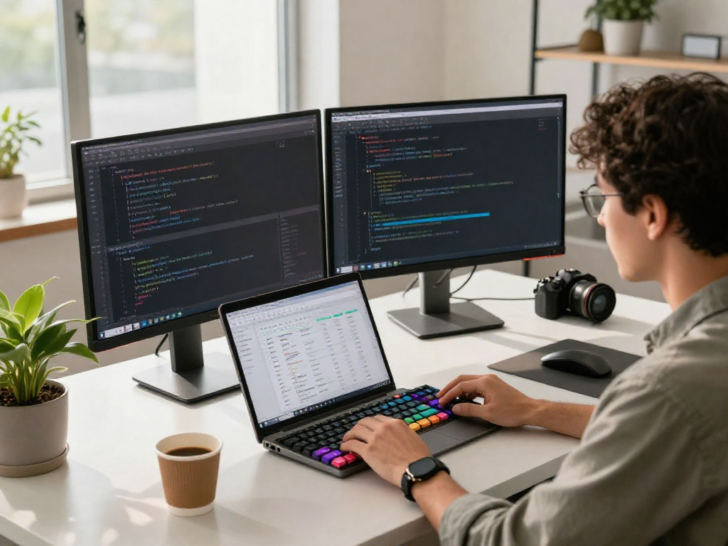 Developer utilizing an advanced ai detector in a bright modern workspace