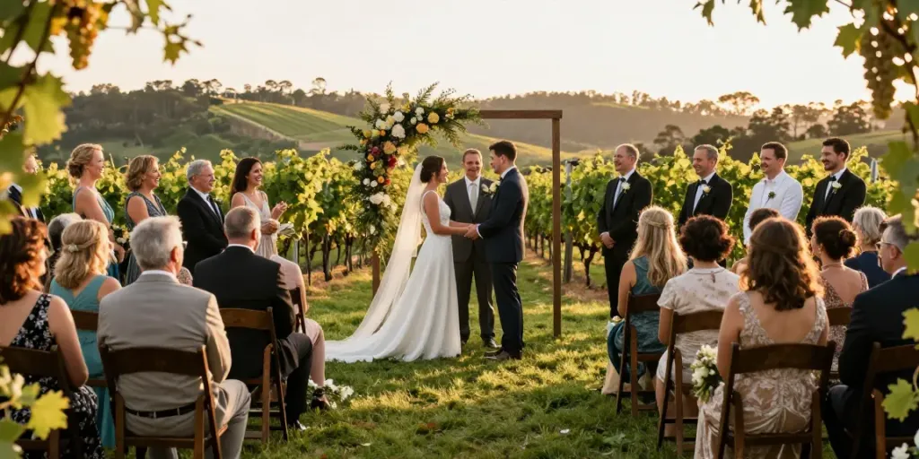 Emotional moment captured by wedding photographer Hunter Valley during a golden hour ceremony.