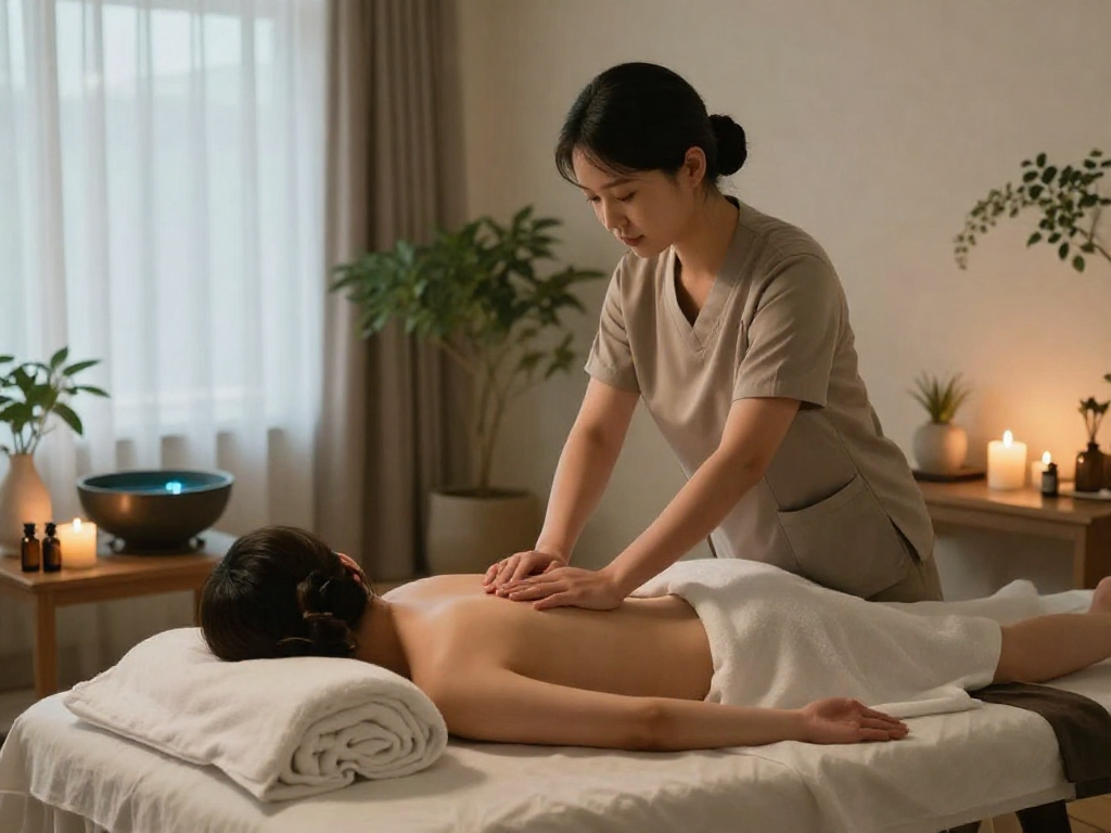 시흥출장마사지 in a peaceful home setting, showcasing a professional therapist providing a relaxing experience.