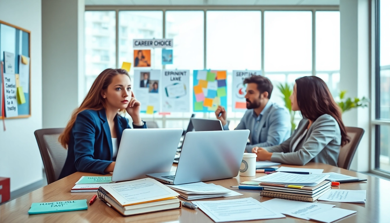 Professionals contemplating their careers to find my true calling in a bright office setting.
