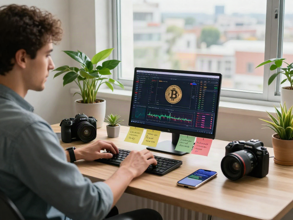 Comprando bitcoin en un moderno espacio de trabajo con dispositivos digitales.
