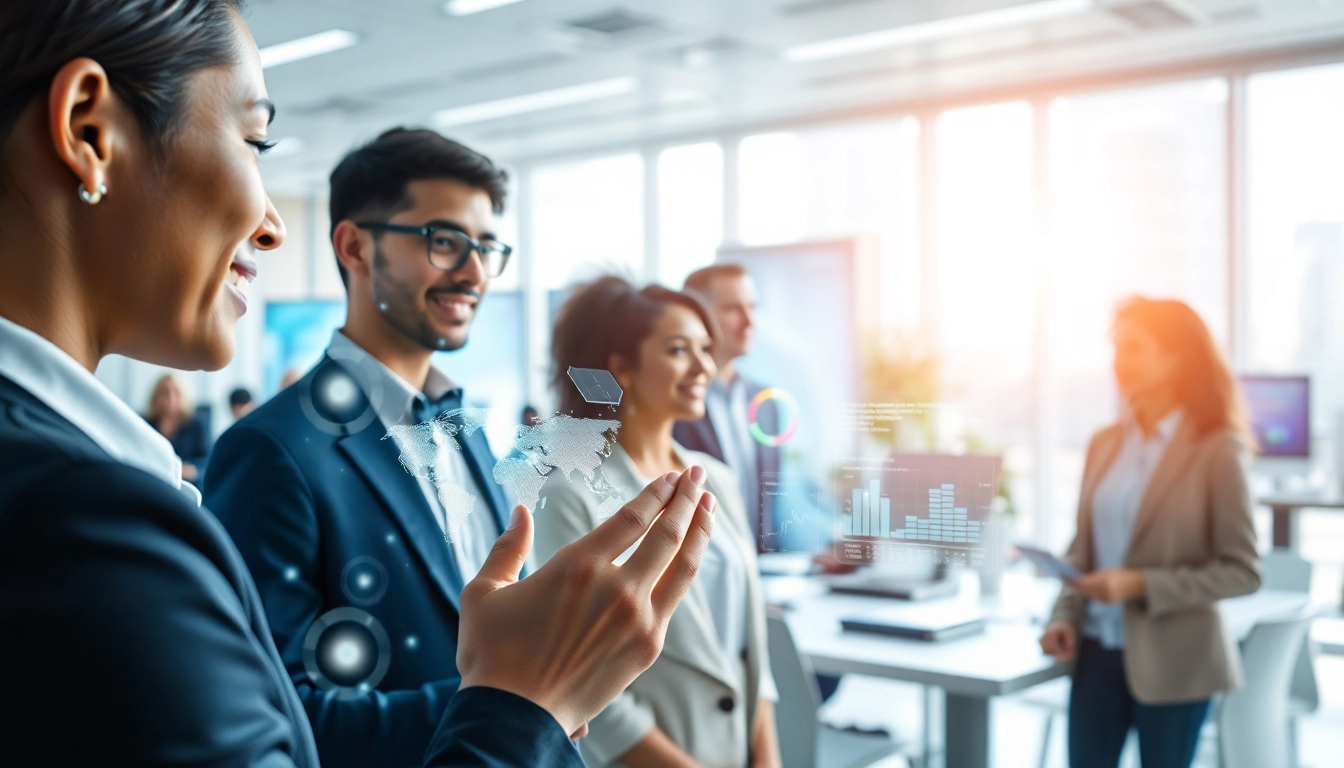 Engaging in a human interface with AI through technology in a futuristic workspace setting.