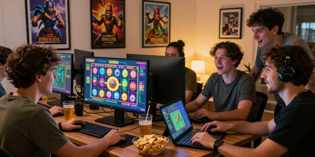 Link alternatif proplay88 used by friends enjoying an online gaming session with vibrant slot games and snacks.
