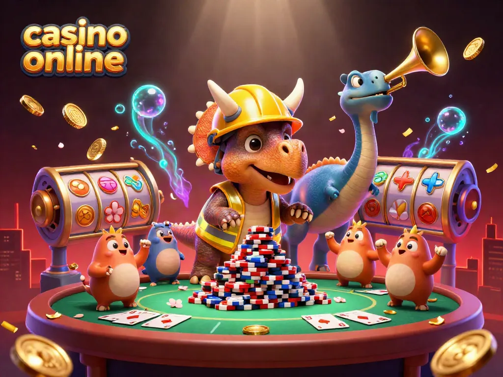 Disfruta de la emoción del casino online con una colorida escena de un triceratops y un parasaurolophus celebrando.