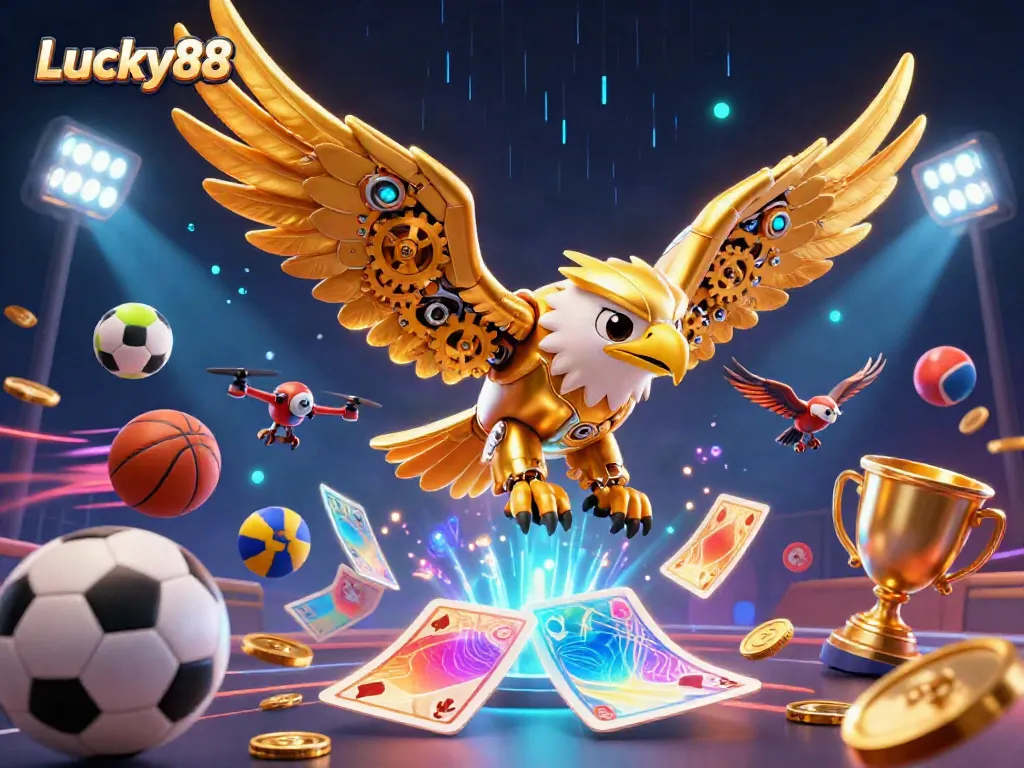 Experience excitement with Lucky88 as a cybernetic eagle dives through playing cards amidst dynamic sports elements.