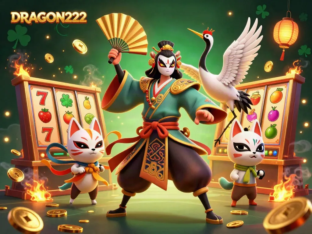 Experience the thrill of slot gaming with DRAGON222 in a vibrant, dynamic 3D illustration featuring kabuki and kitsune elements.