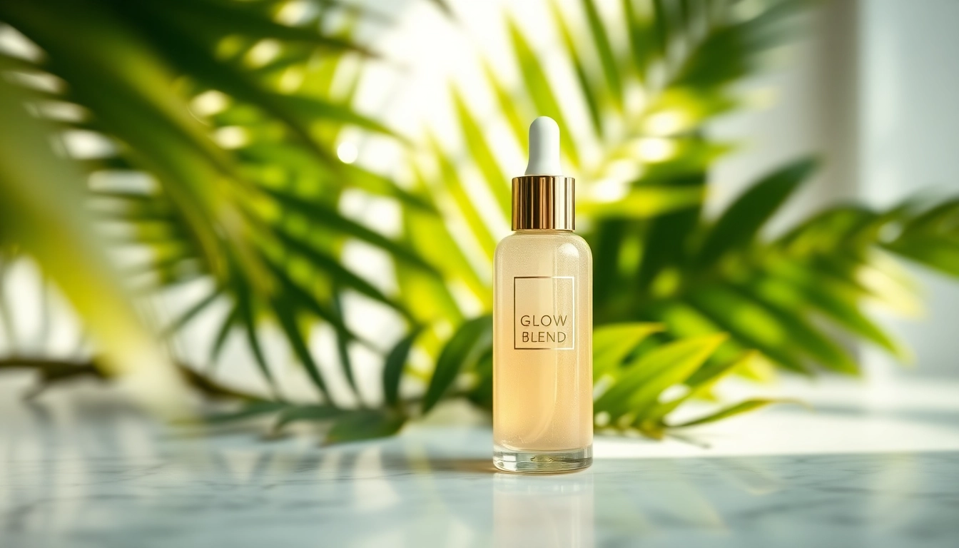 Enhance your glow with the luxurious Glow Blend skincare product, showcased on a marble countertop.