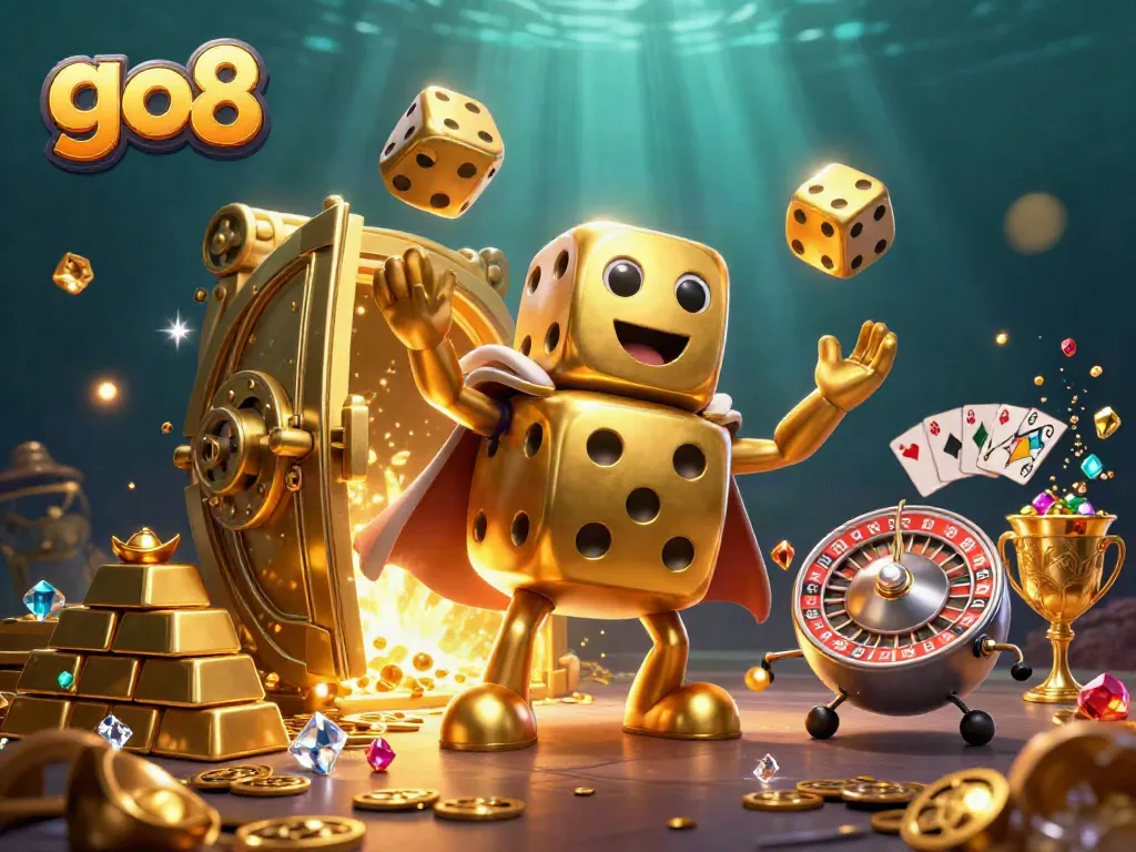 Experience the excitement of go8 with a vibrant 3D casino scene featuring gold and jewels.