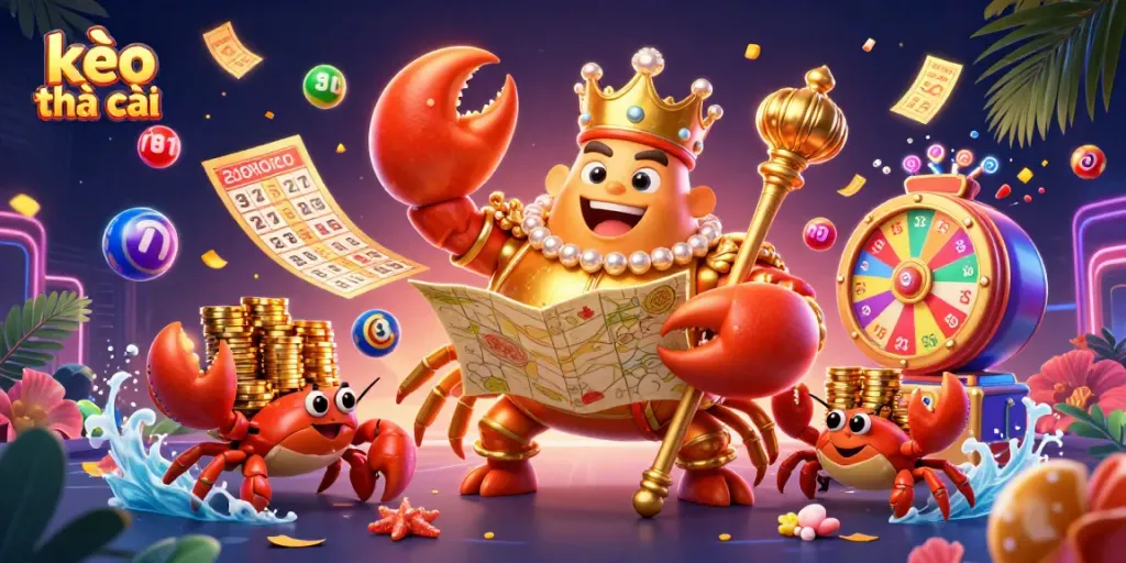 Engage in kèo nhà cái with a dynamic scene featuring a golden crab emperor and vibrant lottery elements.