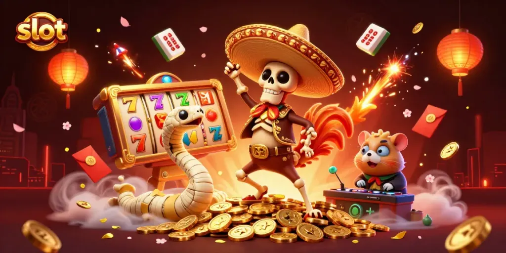 Experience thrilling slot action with vibrant characters and golden coins in this 3D animated scene.