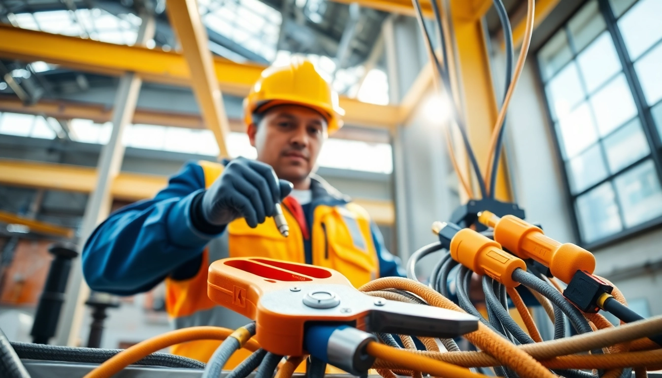 Electrician apprenticeship Hawaii trainee actively working on wiring in a vibrant industrial setting.