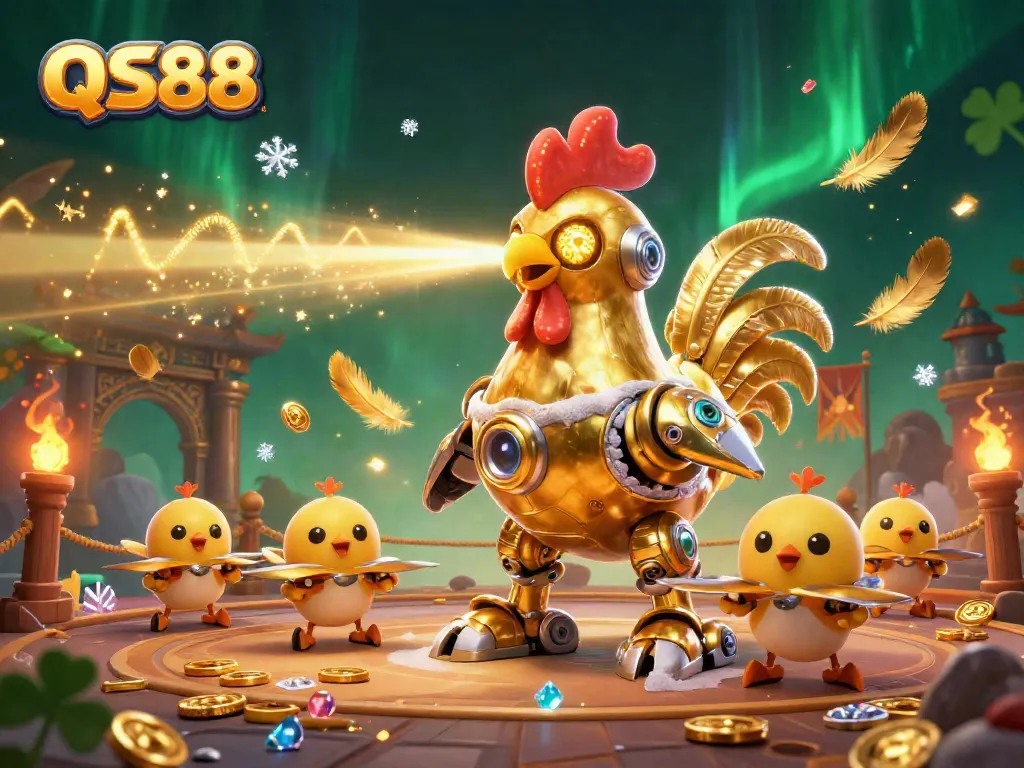 Experience thrilling slots and games at QS88, featuring a dynamic 3D rooster robot and baby chick drones.
