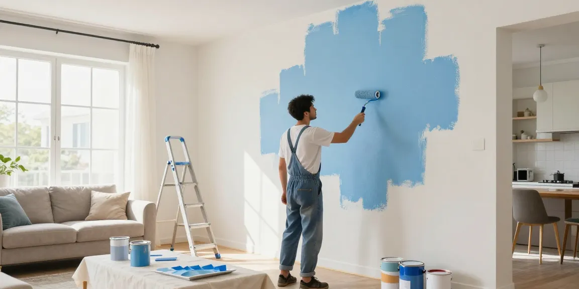 Interior painters Polk County IA applying fresh paint in a bright living room, showcasing professional home improvement.