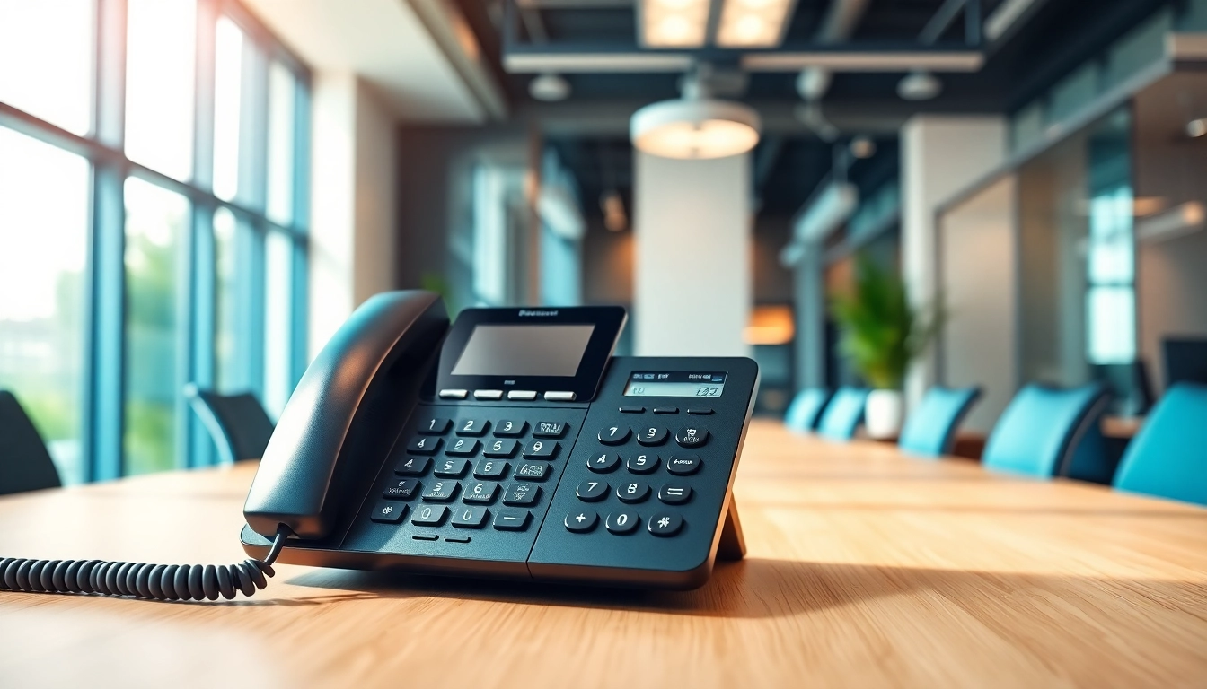 Engaging office business phone systems with a modern design on a desk in a bright office setting.