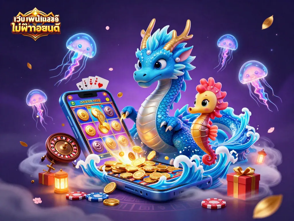 สัญลักษณ์ของเว็บพนันออนไลน์ ตรง ไม่ผ่านเอเย่นต์ ในภาพ 3D สดใสของมังกรน้ำและอัศวินม้า