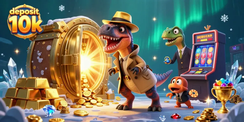 Experience big wins with deposit 10k as a velociraptor plays slots in a vibrant casino.