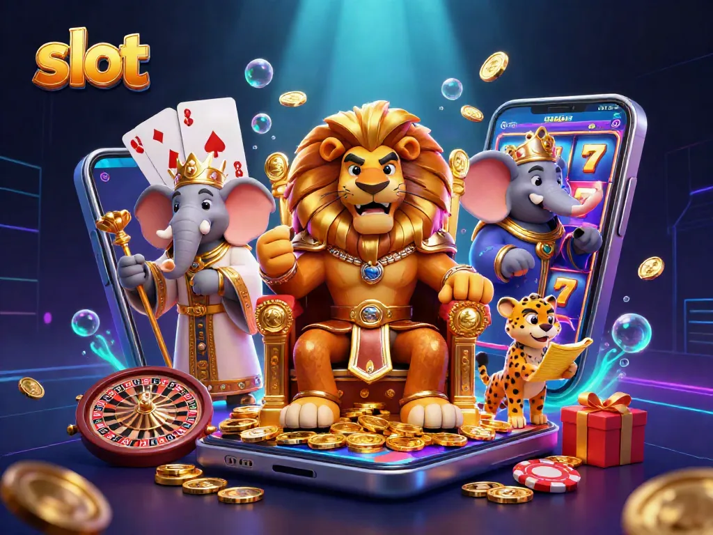 Memenangkan slot dengan simbol keberuntungan ditampilkan di antara raja singa dan penasihatnya yang bijaksana.