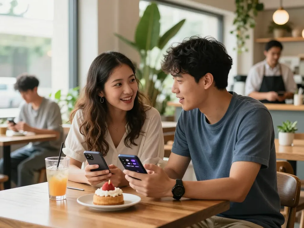 Couple exploring sex chat AI app in a cozy cafe, engaging and curious atmosphere.