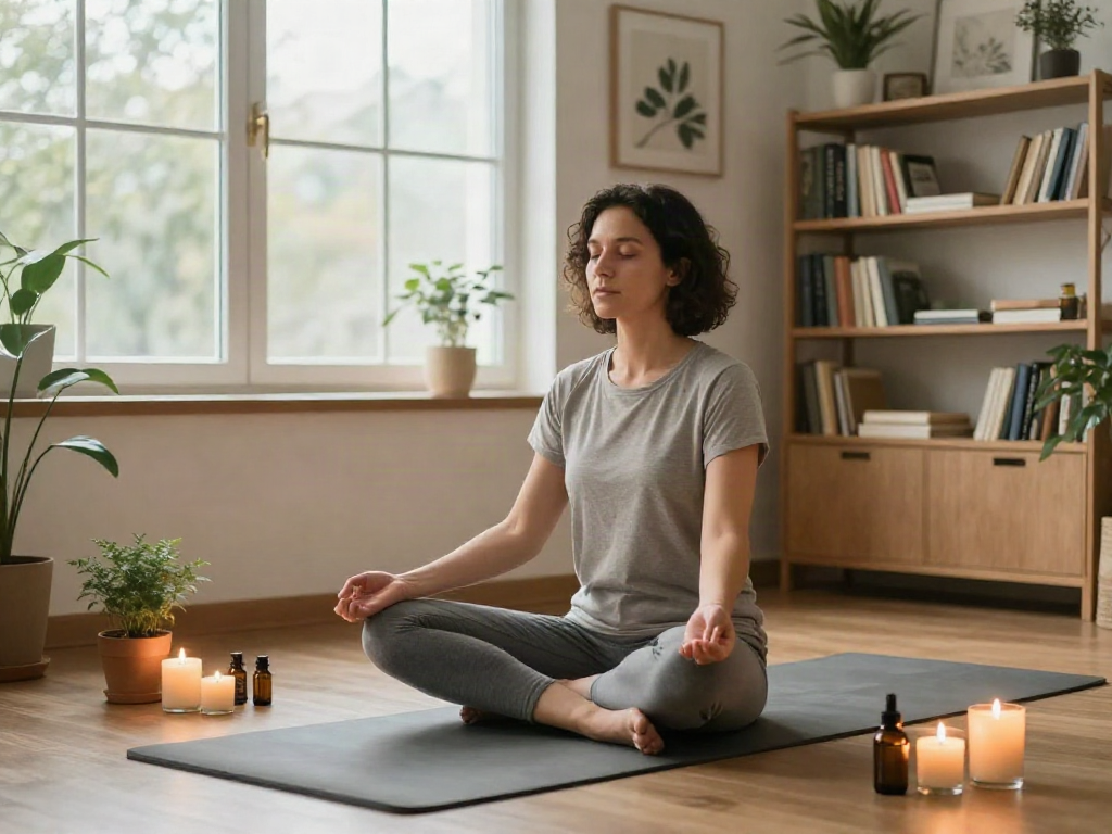 Praktik bolakami meditasi di rumah yang tenang dengan pencahayaan alami.